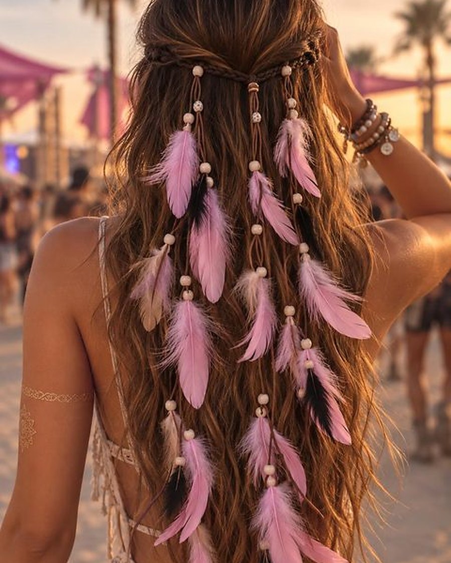 Attache Cheveux Plumes Roses