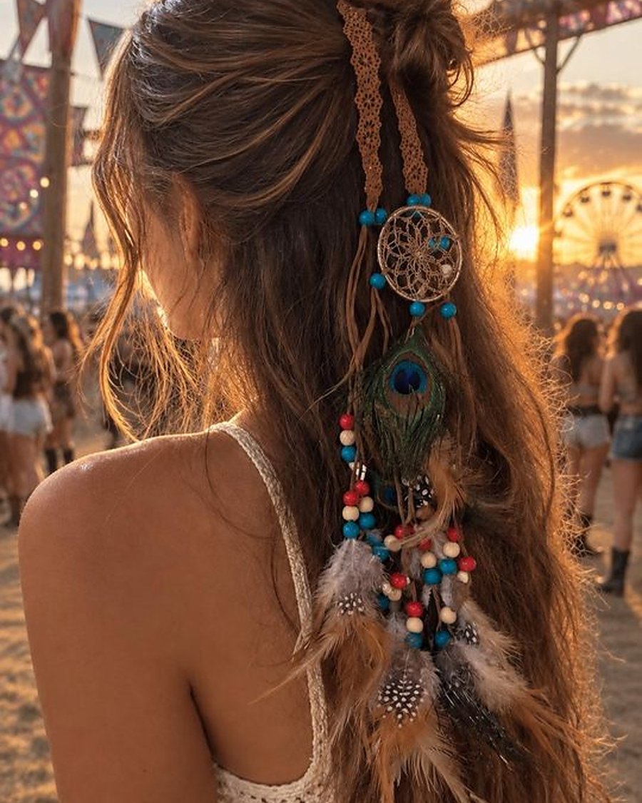 Attrape-Rêve Cheveux Plumes Paon
